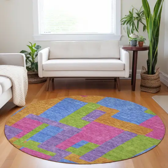 8' Purple Pink And Green Abstract Geometric Washable Round Rug With UV Protection Photo 5