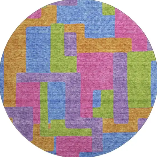 8' Purple Pink And Green Abstract Geometric Washable Round Rug With UV Protection Photo 4