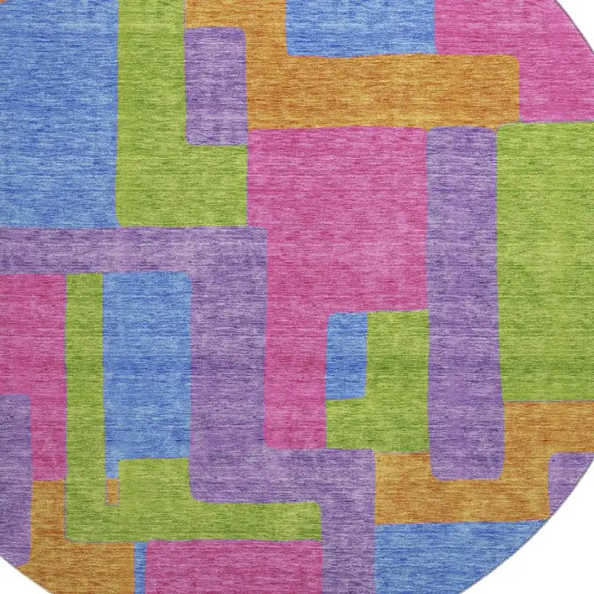 8' Purple Pink And Green Abstract Geometric Washable Round Rug With UV Protection Photo 3