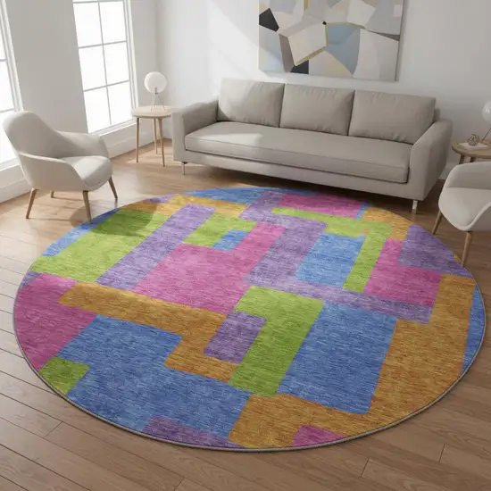 8' Purple Pink And Green Abstract Geometric Washable Round Rug With UV Protection Photo 2