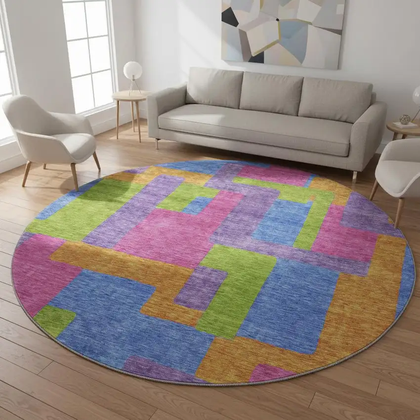 8' Purple Pink And Green Abstract Geometric Washable Round Rug With UV Protection Photo 2