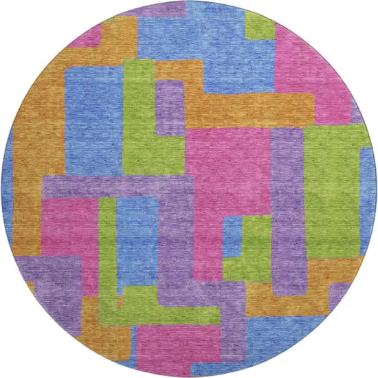 8' Purple Pink And Green Abstract Geometric Washable Round Rug With UV Protection Photo 1