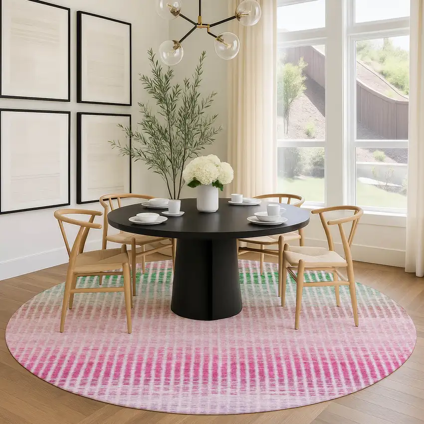 8' Purple Pink And Green Round Striped Washable Indoor Outdoor Area Rug Photo 8