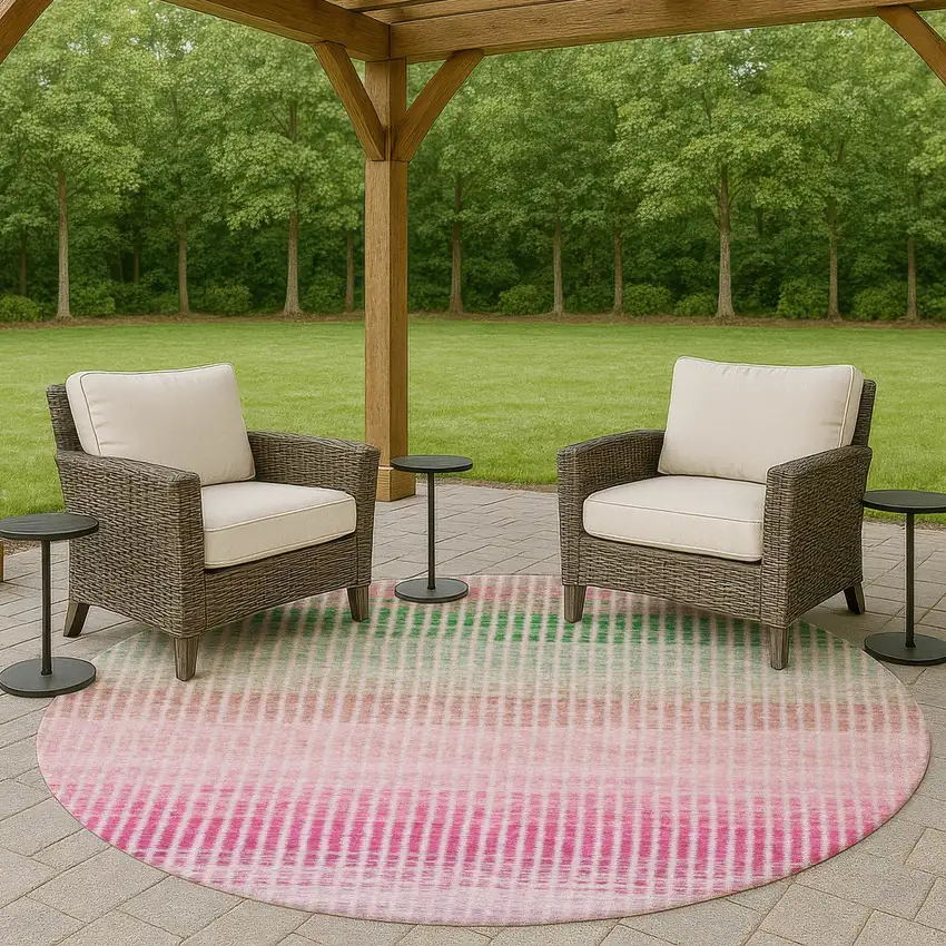 8' Purple Pink And Green Round Striped Washable Indoor Outdoor Area Rug Photo 7