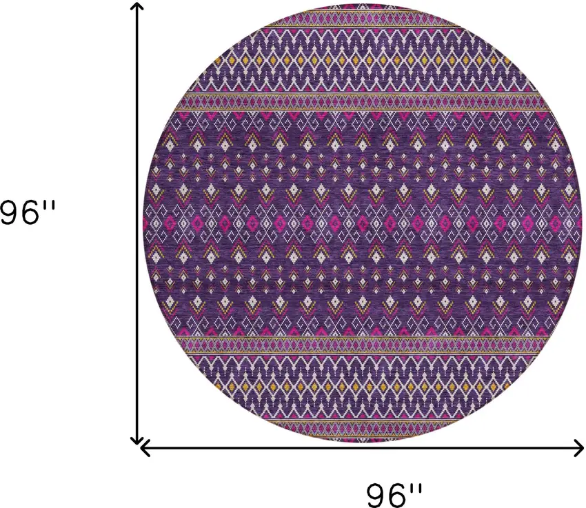 8' Purple Pink And Yellow Round Tribal Washable Indoor Outdoor Area Rug Photo 3