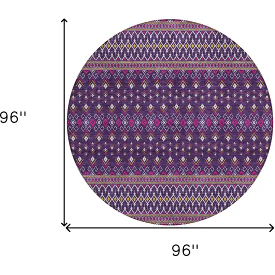 8' Purple Pink And Yellow Round Tribal Washable Indoor Outdoor Area Rug Photo 3