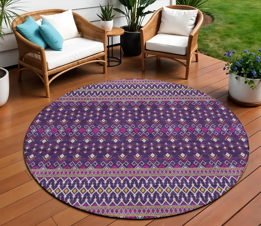 8' Purple Pink And Yellow Round Tribal Washable Indoor Outdoor Area Rug Photo 1