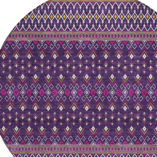 8' Purple Pink And Yellow Round Tribal Washable Indoor Outdoor Area Rug Photo 4