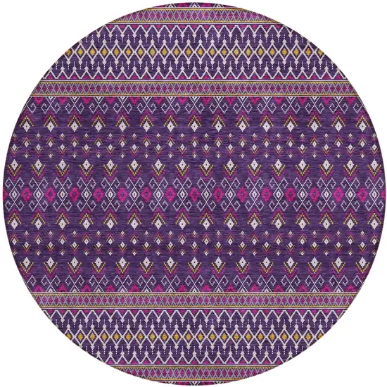 8' Purple Pink And Yellow Round Tribal Washable Indoor Outdoor Area Rug Photo 1