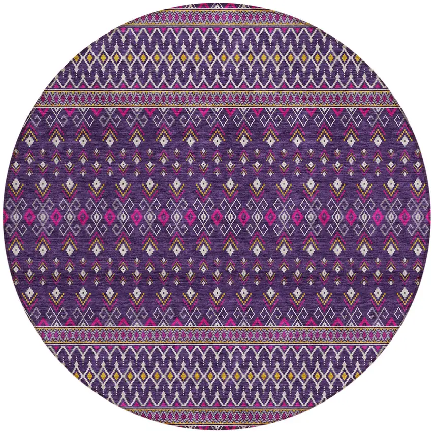 8' Purple Pink And Yellow Round Tribal Washable Indoor Outdoor Area Rug Photo 1