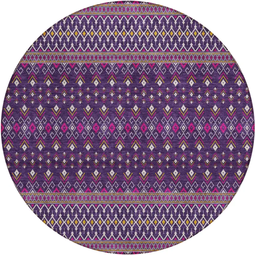 8' Purple Pink And Yellow Round Tribal Washable Indoor Outdoor Area Rug Photo 1