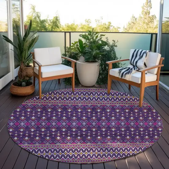 8' Purple Pink And Yellow Round Tribal Washable Indoor Outdoor Area Rug Photo 6
