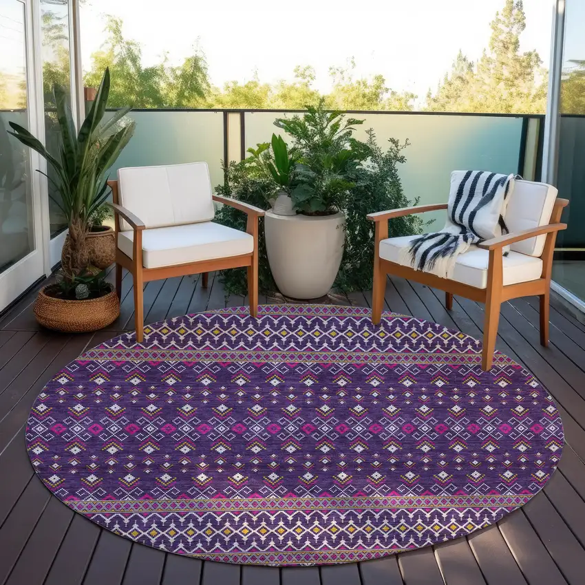 8' Purple Pink And Yellow Round Tribal Washable Indoor Outdoor Area Rug Photo 6