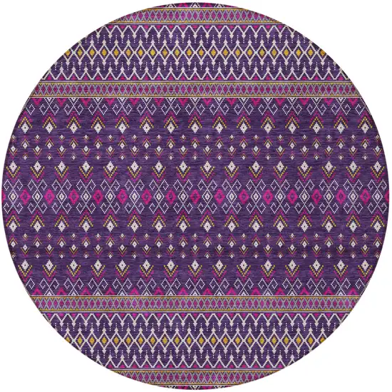8' Purple Pink And Yellow Round Tribal Washable Indoor Outdoor Area Rug Photo 5