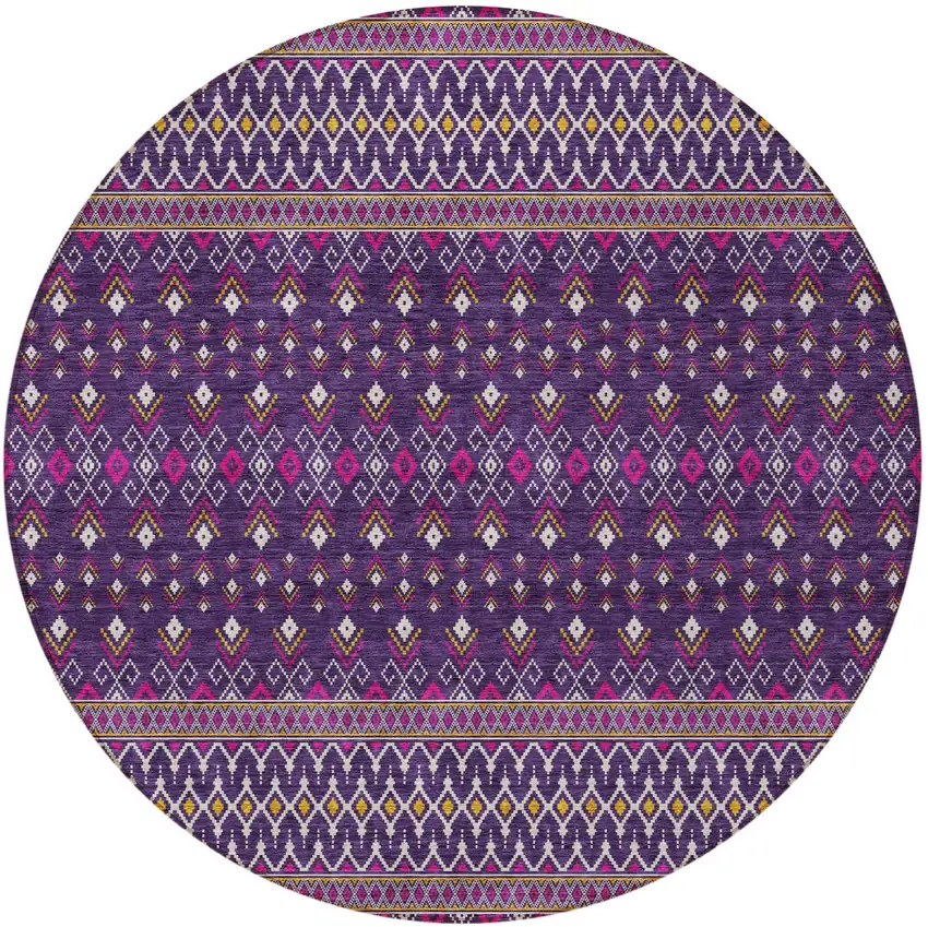 8' Purple Pink And Yellow Round Tribal Washable Indoor Outdoor Area Rug Photo 5