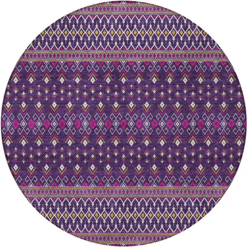 8' Purple Pink And Yellow Round Tribal Washable Indoor Outdoor Area Rug Photo 5