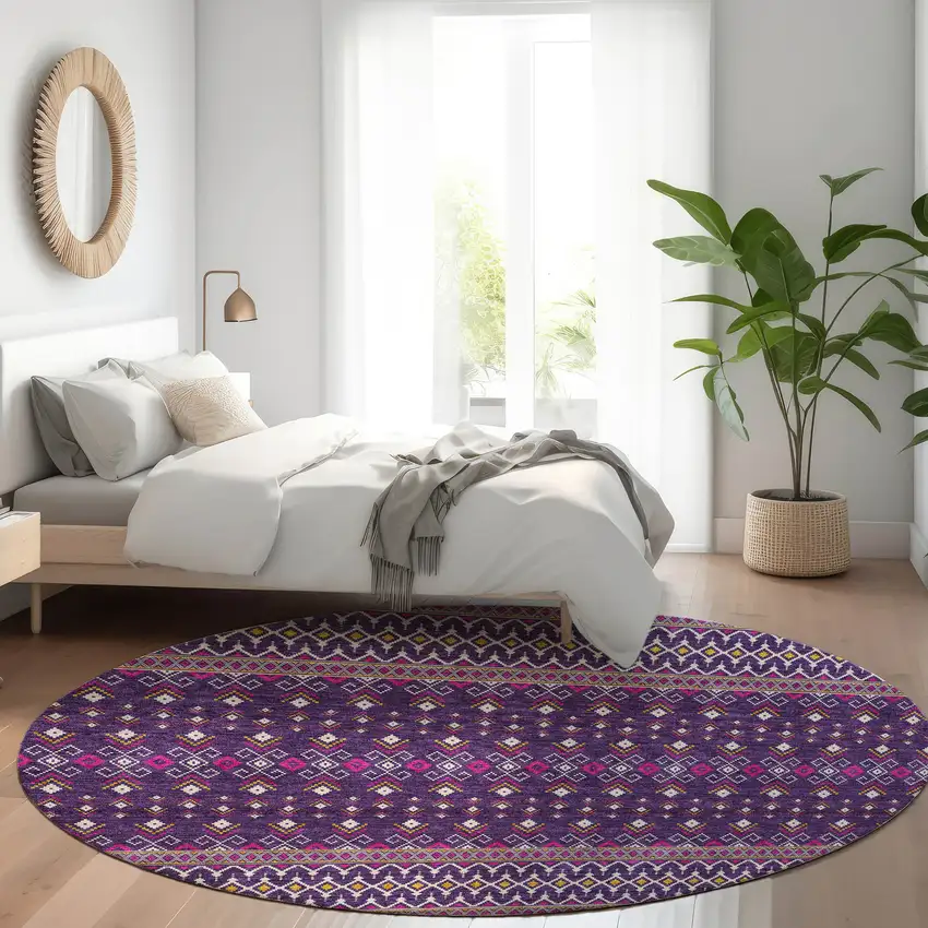 8' Purple Pink And Yellow Round Tribal Washable Indoor Outdoor Area Rug Photo 9