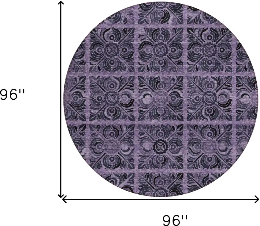 8' Purple Plum And Charcoal Round Medallion Washable Indoor Outdoor Area Rug Photo 3