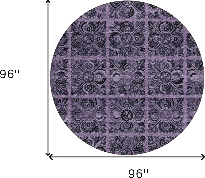 8' Purple Plum And Charcoal Round Medallion Washable Indoor Outdoor Area Rug Photo 3