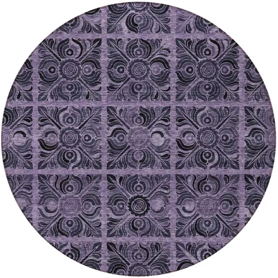 8' Purple Plum And Charcoal Round Medallion Washable Indoor Outdoor Area Rug Photo 7