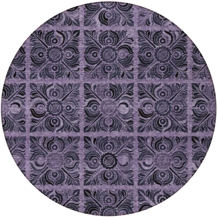 8' Purple Plum And Charcoal Round Medallion Washable Indoor Outdoor Area Rug Photo 7
