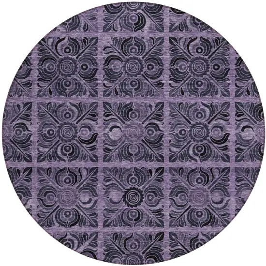 8' Purple Plum And Charcoal Round Medallion Washable Indoor Outdoor Area Rug Photo 2