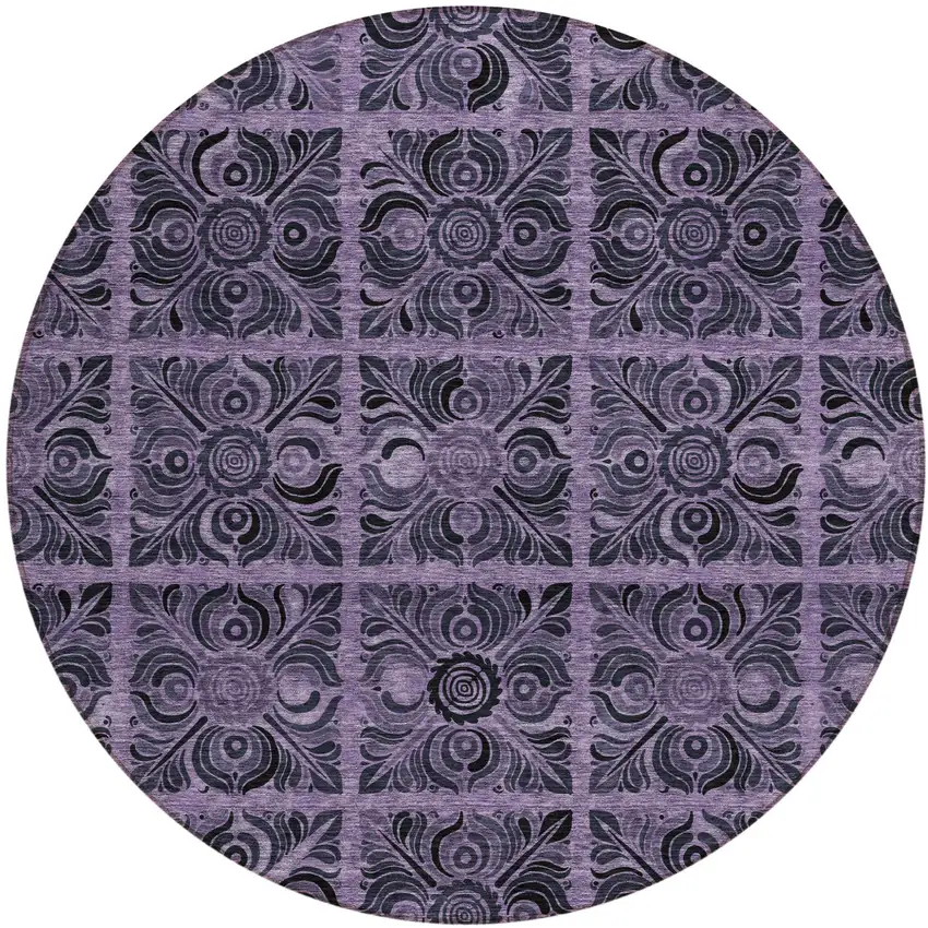 8' Purple Plum And Charcoal Round Medallion Washable Indoor Outdoor Area Rug Photo 2