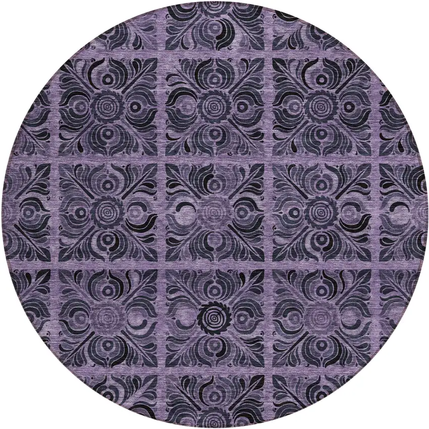 8' Purple Plum And Charcoal Round Medallion Washable Indoor Outdoor Area Rug Photo 2