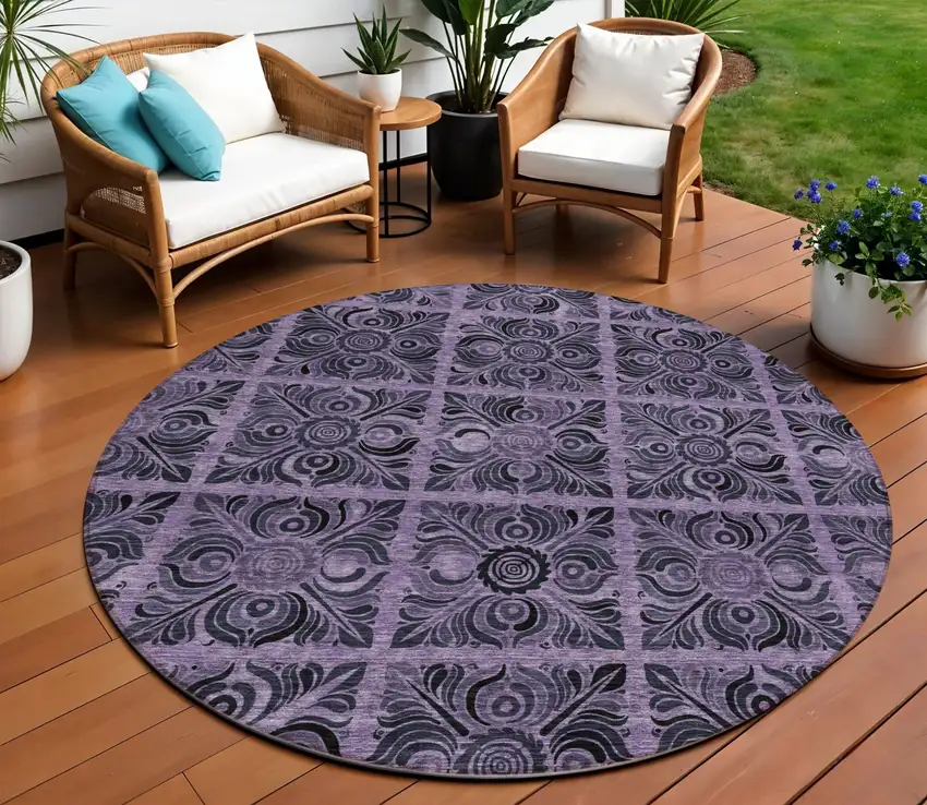 8' Purple Plum And Charcoal Round Medallion Washable Indoor Outdoor Area Rug Photo 1