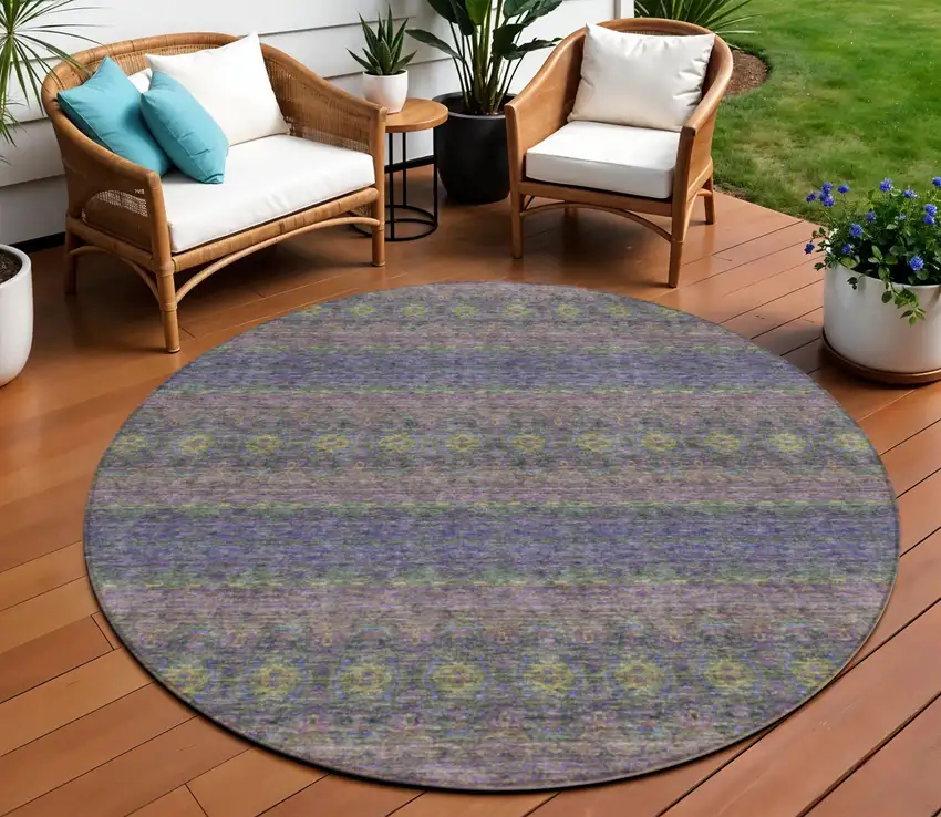 8' Purple Plum And Gold Round Floral Medallion Washable Indoor Outdoor Area Rug Photo 1
