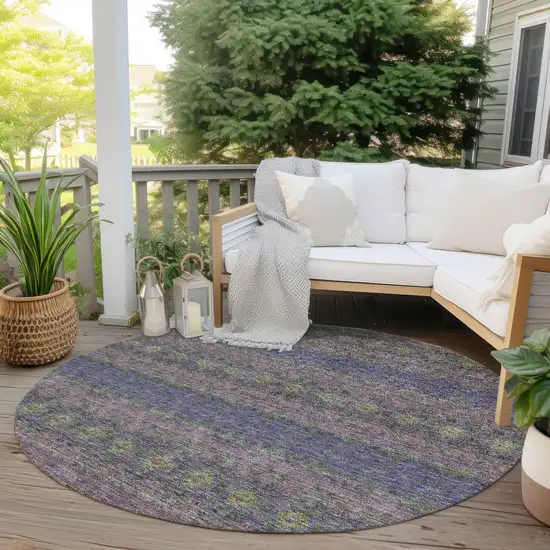 8' Purple Plum And Gold Round Floral Medallion Washable Indoor Outdoor Area Rug Photo 6