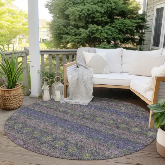 8' Purple Plum And Gold Round Floral Medallion Washable Indoor Outdoor Area Rug Photo 6