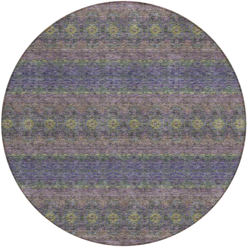 8' Purple Plum And Gold Round Floral Medallion Washable Indoor Outdoor Area Rug Photo 2