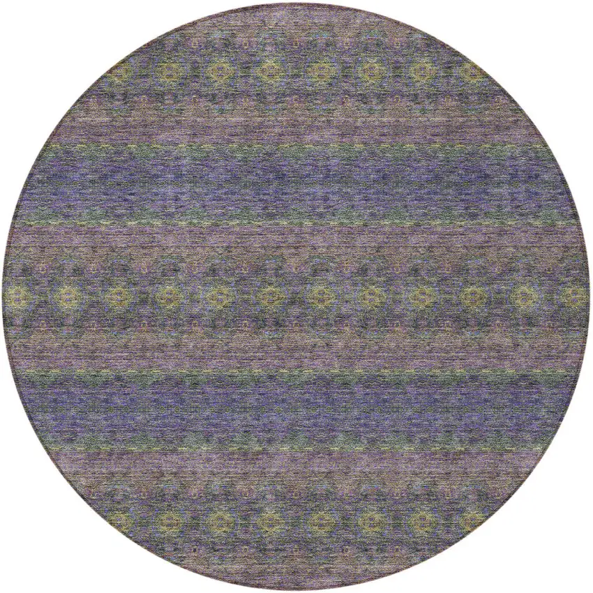 8' Purple Plum And Gold Round Floral Medallion Washable Indoor Outdoor Area Rug Photo 5