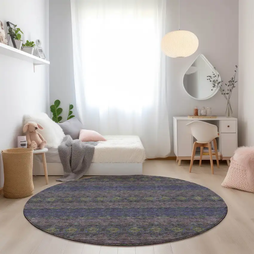 8' Purple Plum And Gold Round Floral Medallion Washable Indoor Outdoor Area Rug Photo 7
