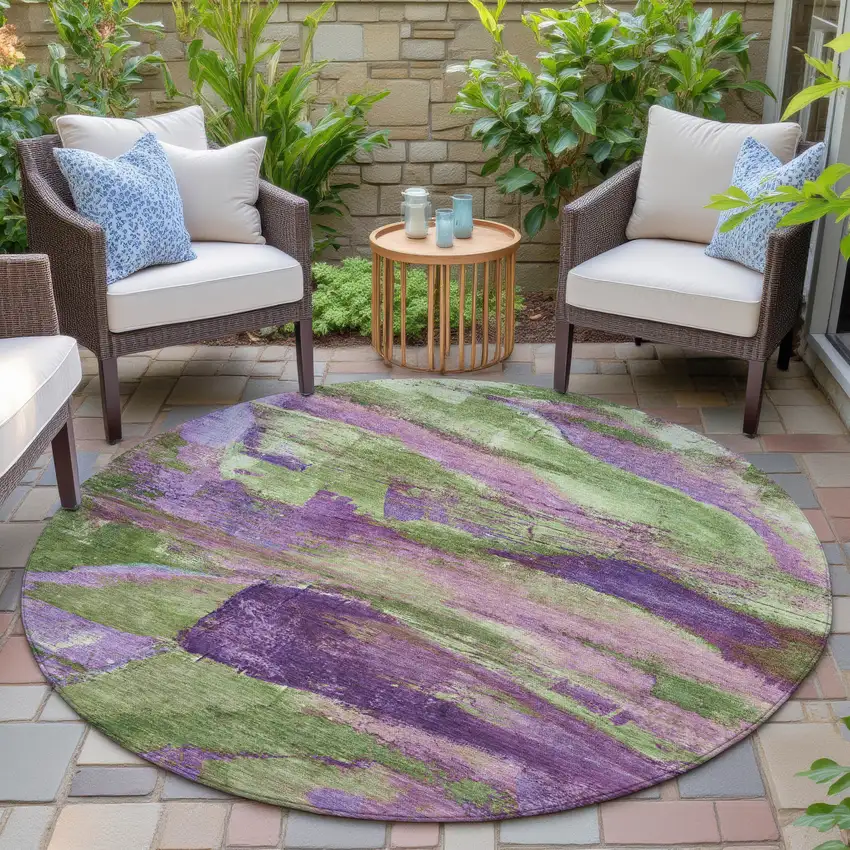 8' Purple Plum And Green Round Abstract Washable Indoor Outdoor Area Rug Photo 6