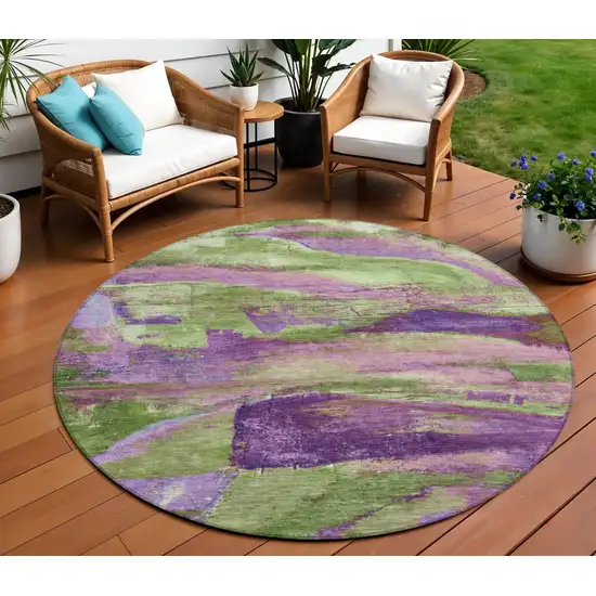 8' Purple Plum And Green Round Abstract Washable Indoor Outdoor Area Rug Photo 2