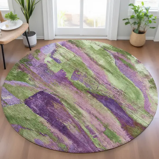 8' Purple Plum And Green Round Abstract Washable Indoor Outdoor Area Rug Photo 5