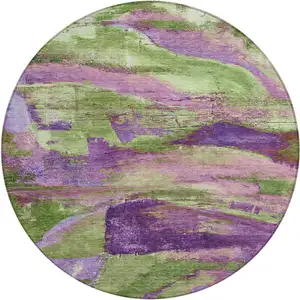 Photo of 8' Purple Plum And Green Round Abstract Washable Indoor Outdoor Area Rug