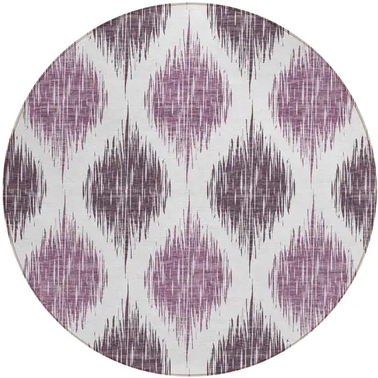 8' Purple Plum And Ivory Round Ikat Washable Indoor Outdoor Area Rug Photo 2