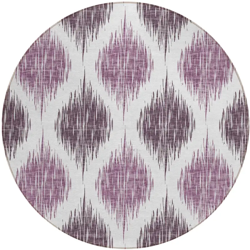 8' Purple Plum And Ivory Round Ikat Washable Indoor Outdoor Area Rug Photo 2