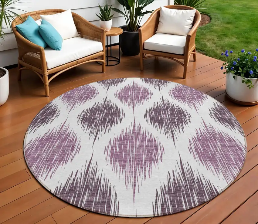 8' Purple Plum And Ivory Round Ikat Washable Indoor Outdoor Area Rug Photo 1