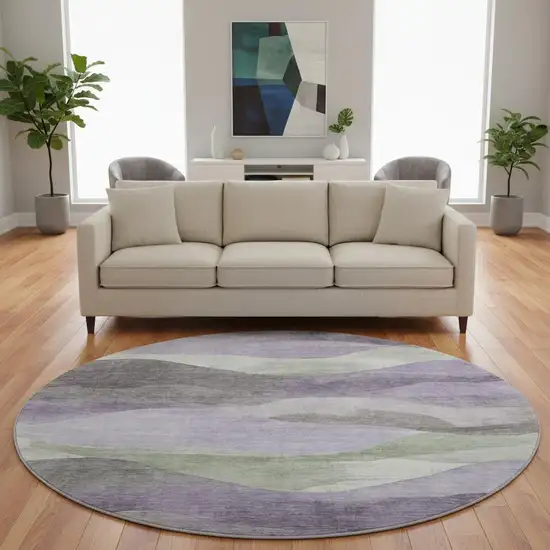 8' Purple Sage And Gray Abstract Washable Round Rug With UV Protection Photo 2