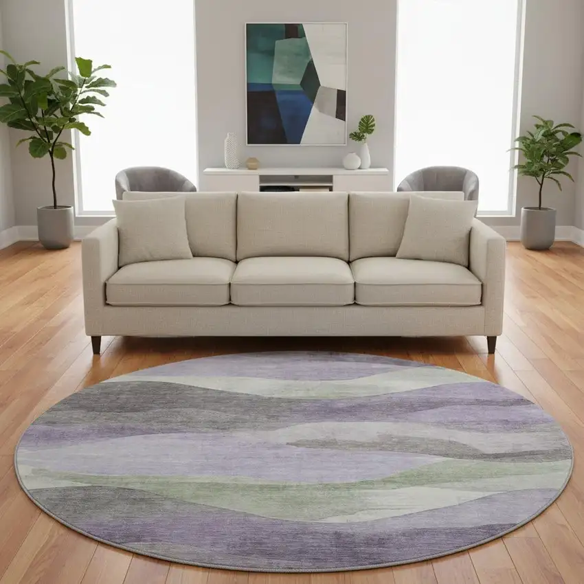 8' Purple Sage And Gray Abstract Washable Round Rug With UV Protection Photo 2