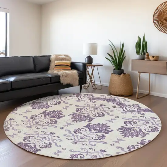 8' Purple Silver And Lilac Round Oriental Washable Indoor Outdoor Area Rug Photo 7