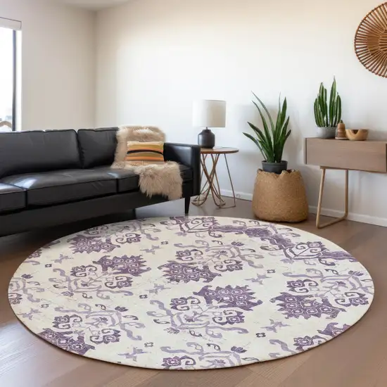 8' Purple Silver And Lilac Round Oriental Washable Indoor Outdoor Area Rug Photo 7