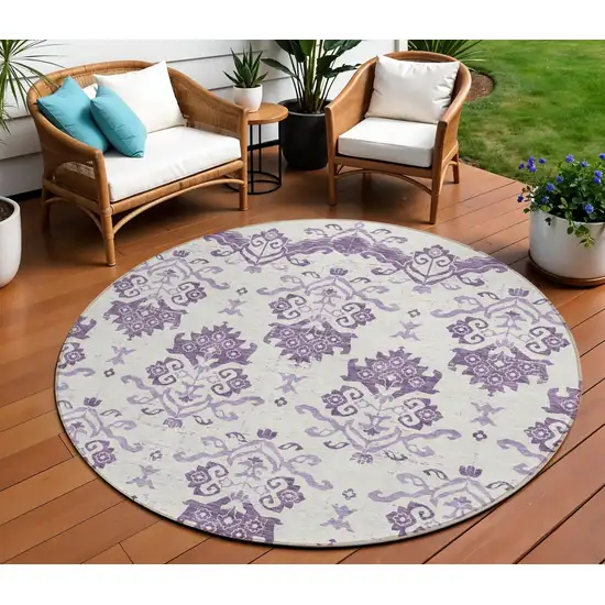 8' Purple Silver And Lilac Round Oriental Washable Indoor Outdoor Area Rug Photo 1