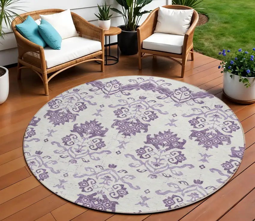 8' Purple Silver And Lilac Round Oriental Washable Indoor Outdoor Area Rug Photo 1