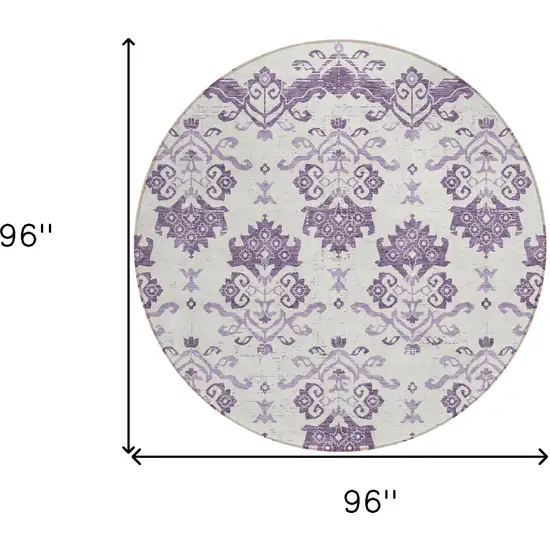 8' Purple Silver And Lilac Round Oriental Washable Indoor Outdoor Area Rug Photo 8
