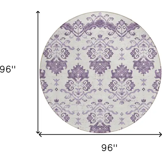 8' Purple Silver And Lilac Round Oriental Washable Indoor Outdoor Area Rug Photo 8